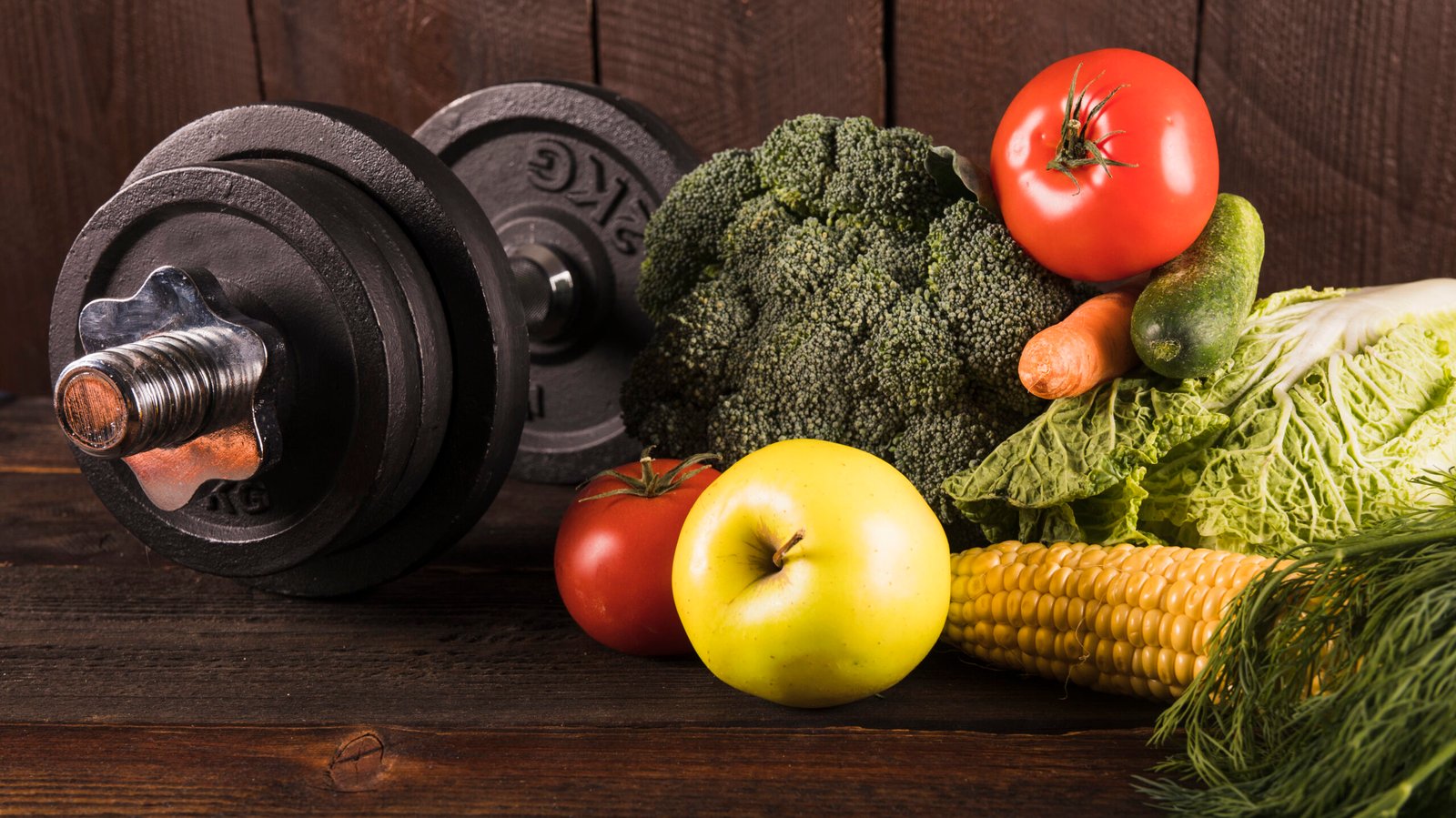 fresh vegetables dumbbells wooden background