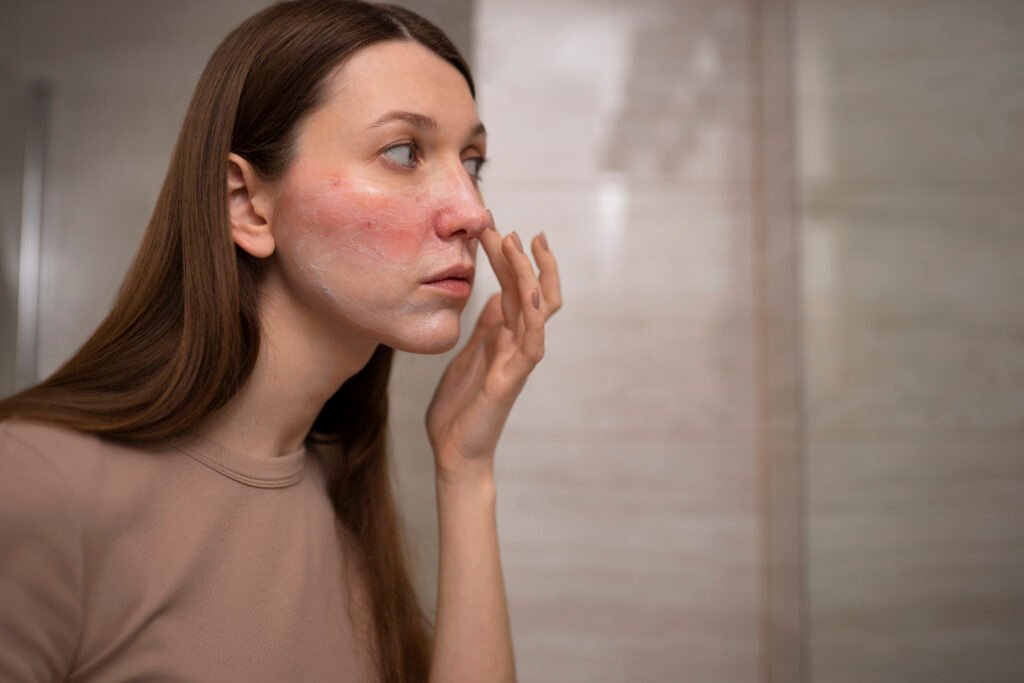 woman looking her rosacea mirror